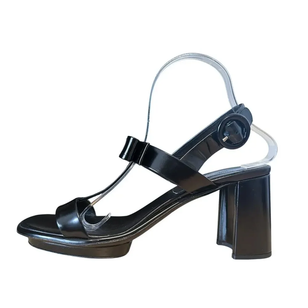 Prada Black Patent Leather T Strap Bow Open Toe Block Heel Sandals 40